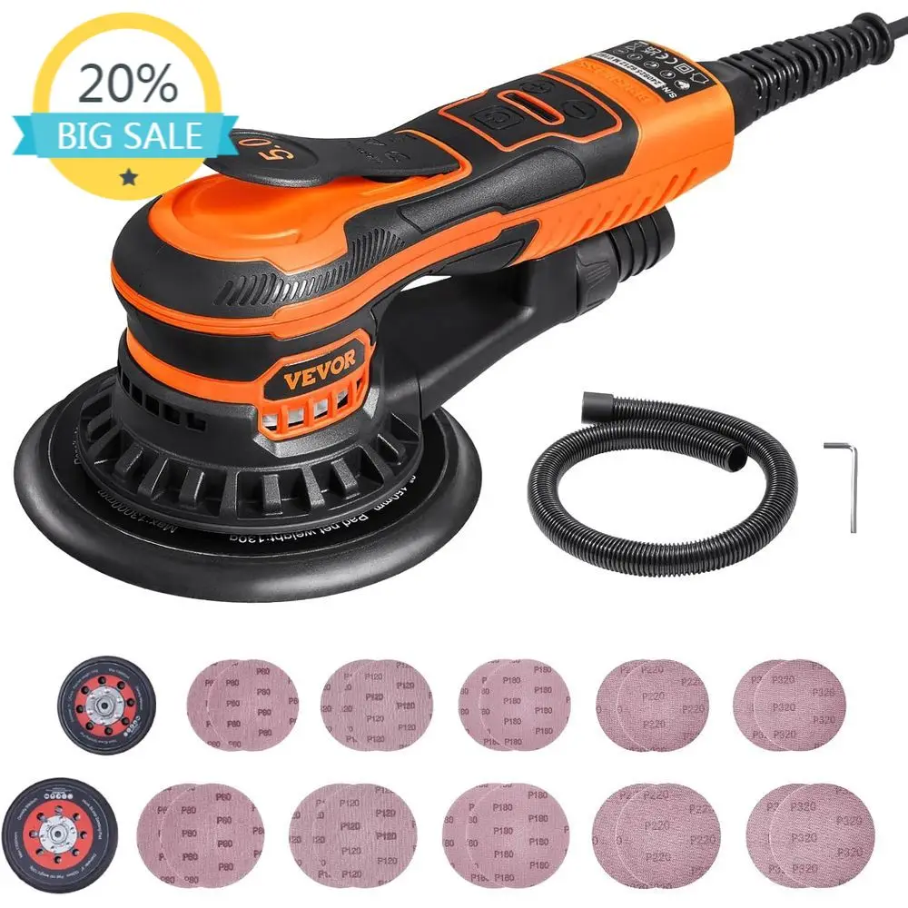 

6-Inch Variable Speed Electric Sander with 20 Sandpaper Sheets, Dust Control and Hose for Woodworking and Detailing