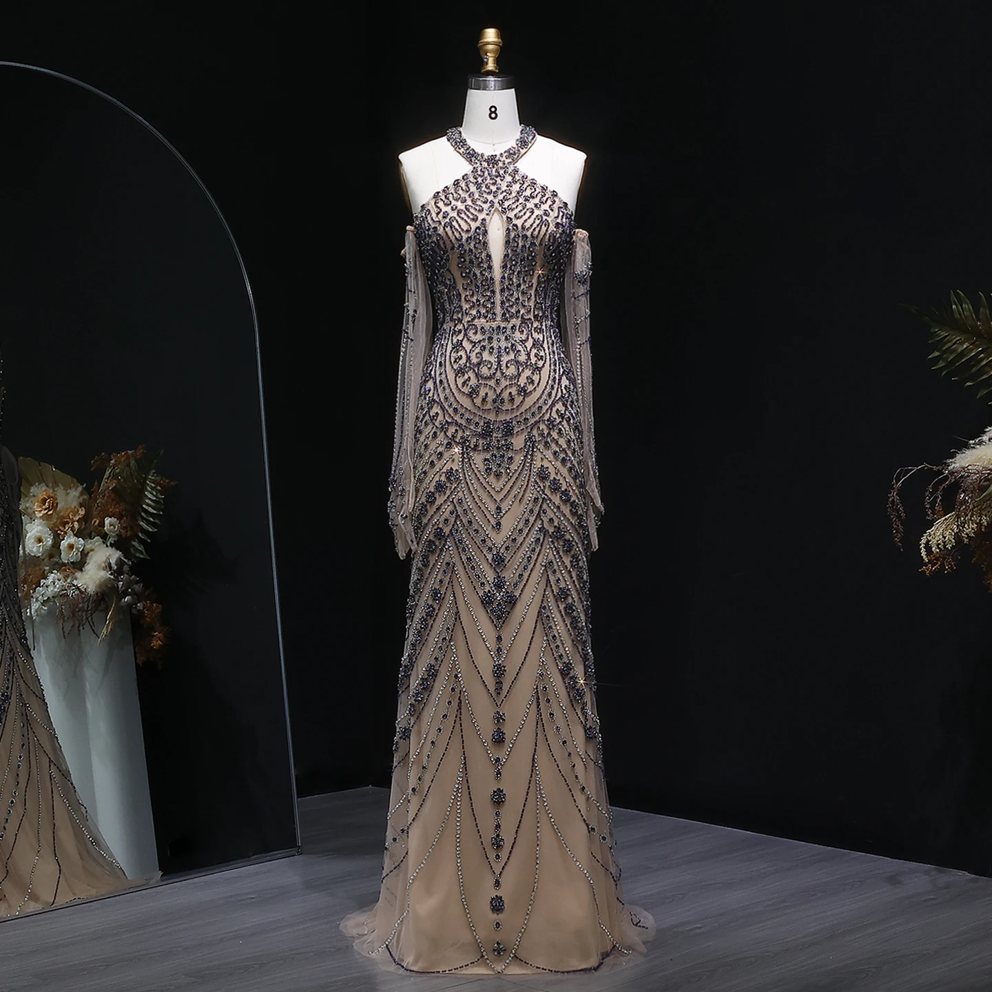 

Sharon Said Luxury Blue Halter Mermaid Crystal Evening Dresses With Gloves for Women Wedding Party Prom Gowns SS118 Customized