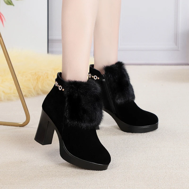 

Winter Faion ort Boots Women's Real Leather Woolen High Heels Thi Heel Anti-Slip Warm Fce Lined Mom Boots