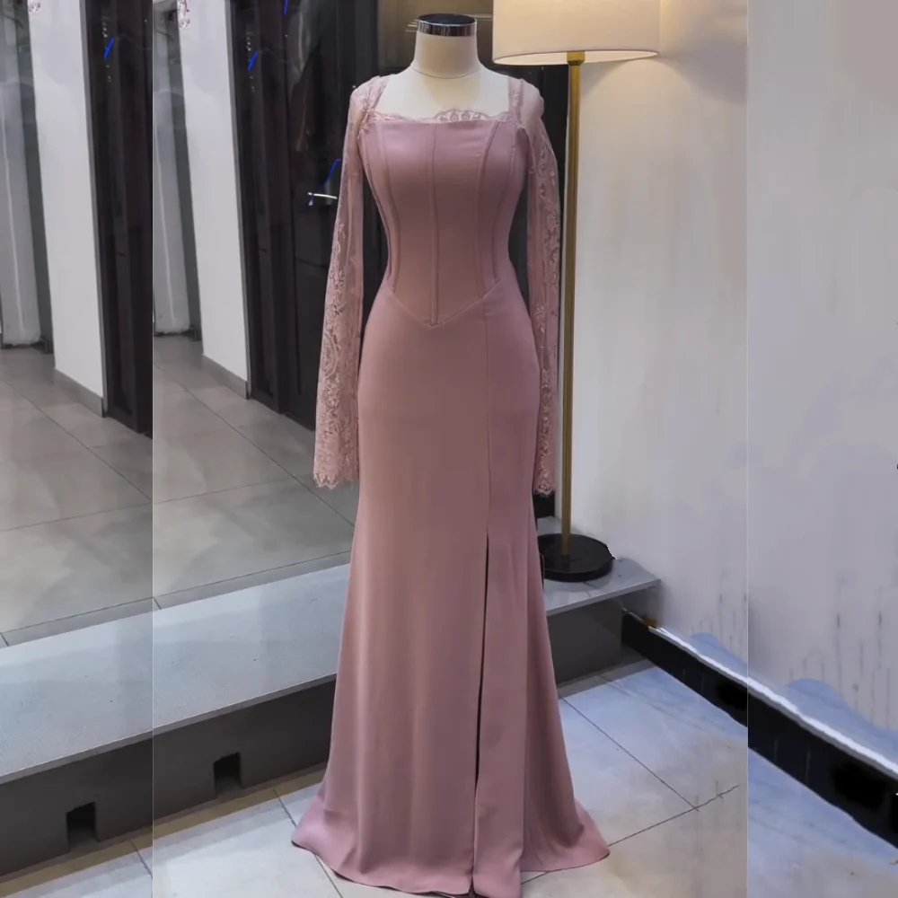 Personalizado jérsei renda pescoço quadrado trompete vestidos longos sob medida ocasião mulher elegante festa de casamento vestido de noite alta qualidade