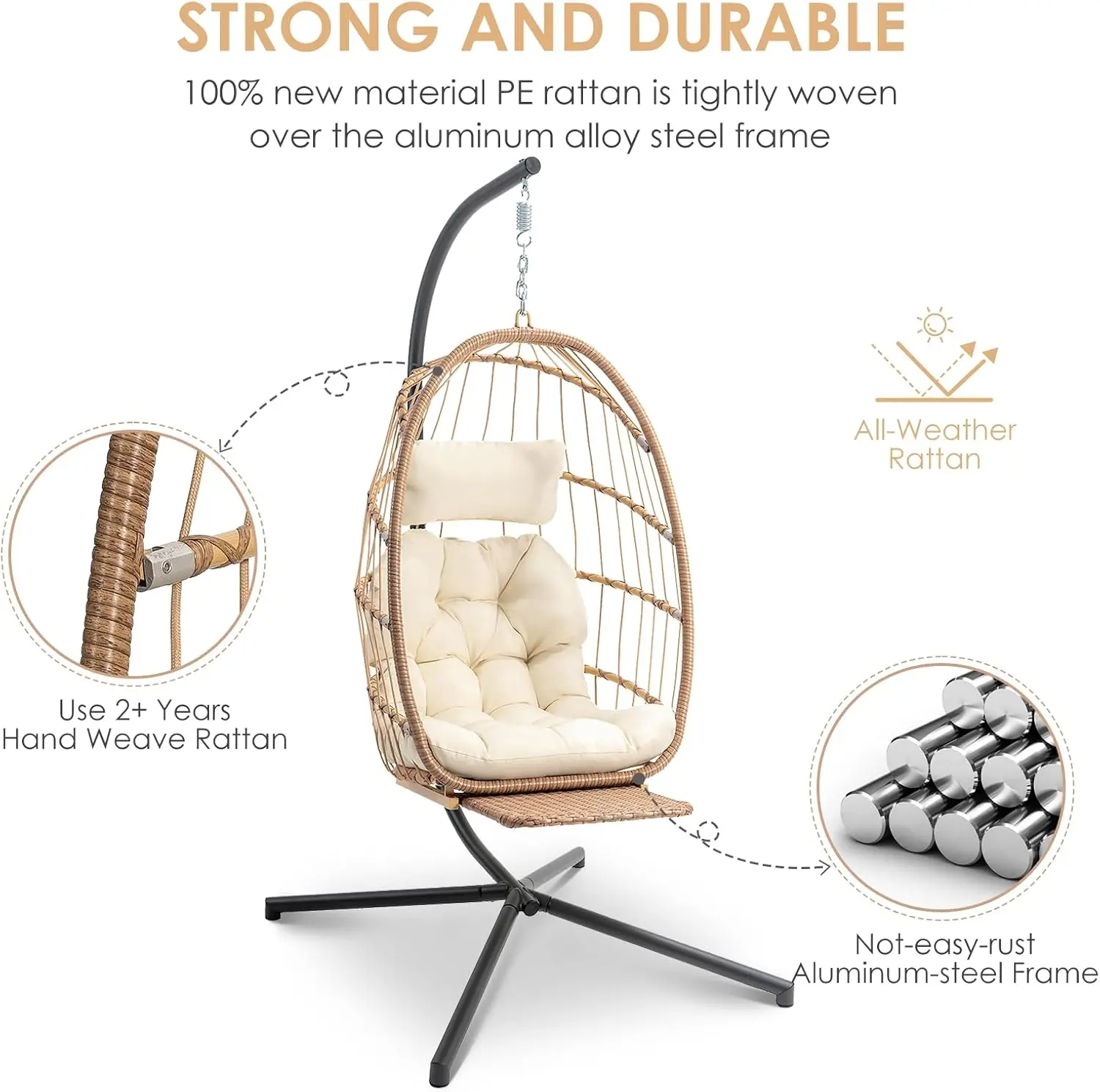 Hanging Egg Chair with Stand and Footrest, Wicker Egg Swing Chair Indoor Outdoor Aluminum-Steel Frame and UV Resistant Cushion,