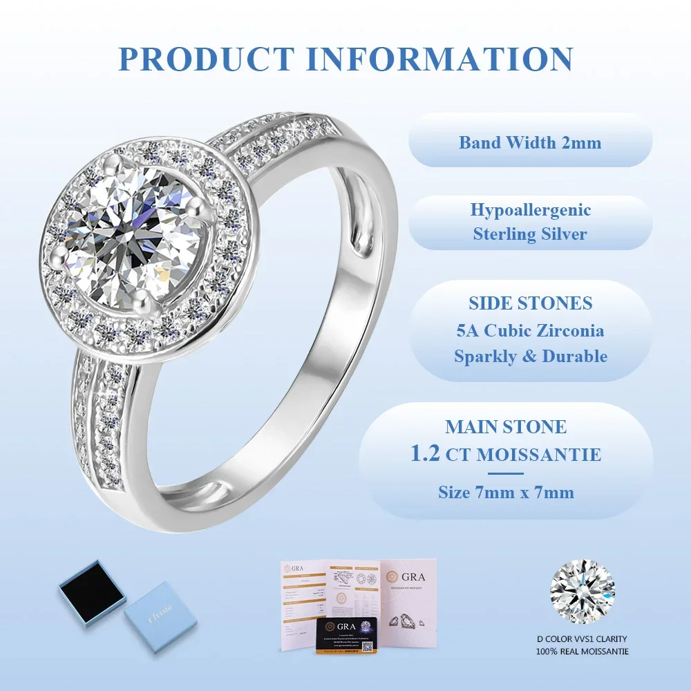 

CLYSSIA D Color VVS1 Round Cut Moissanite Ring Fine Jewelry for Anniversary Engagement Bridal Wedding Gift Celebration