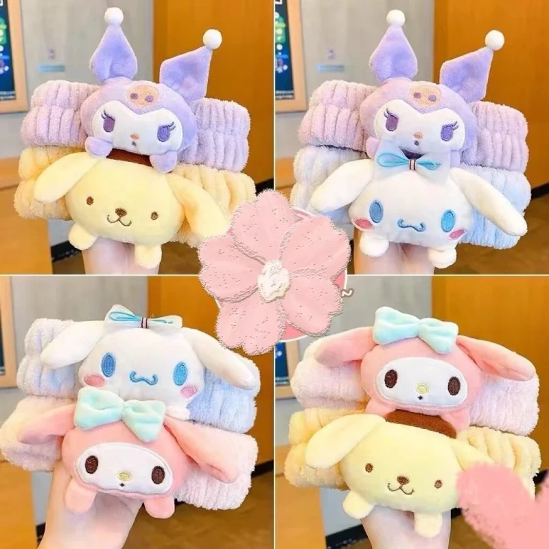 

Плюшевая повязка на голову Sanrio с мультяшным принтом, эластичная, не оставляющая следов, для умывания, для женщин и девочек, для ухода за кожей, макияжа, милый аксессуар для волос