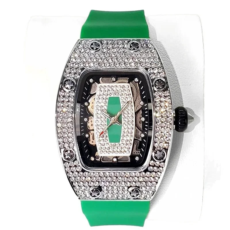 2025 Hot Selling Green Watch For Women Fashion Tonneau Quartz Clock Ladies Elegant Iced Diamond Jewelry Wrist Watch Girl Gift