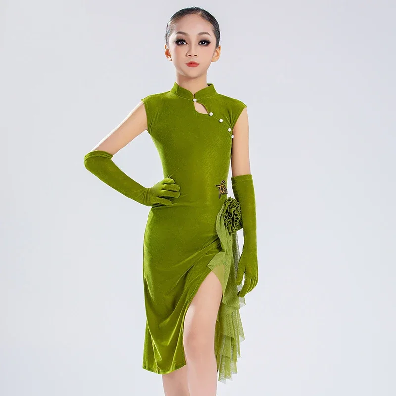 

Kids Performance Dancing Dress Green Ballroom Dance Competition Clothes For Girls Latin Dance Party Dresses Dancewear SL12869