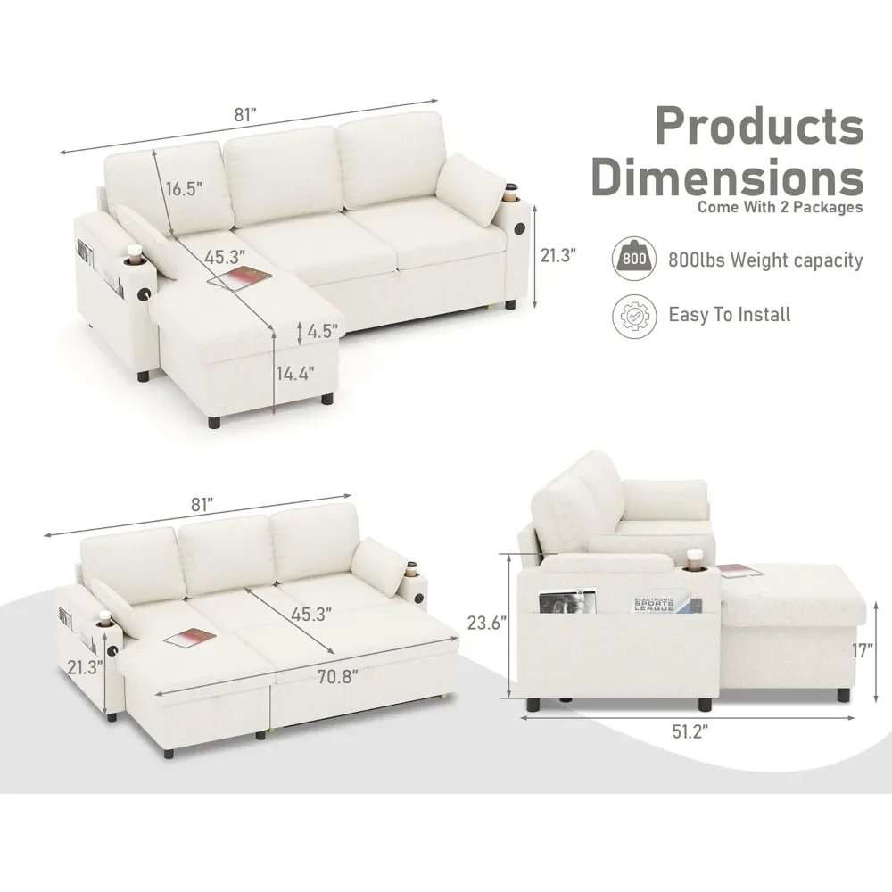 Sofa Bed Sleeper Pull Out 2 in 1 Sectional Sleeper Sofa Couches with Storage,USB, Cup Holder,Pullout Sectional Couches