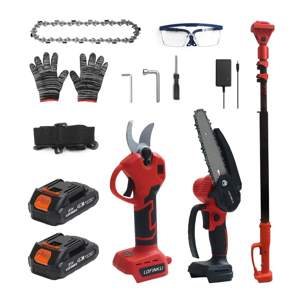 Electric Pruner Kit 3 in 1 Max 8 ft 2 Pcs Batteries 6 inches cordless chainsaw & electric pruning shears with Max 8 ft Extension