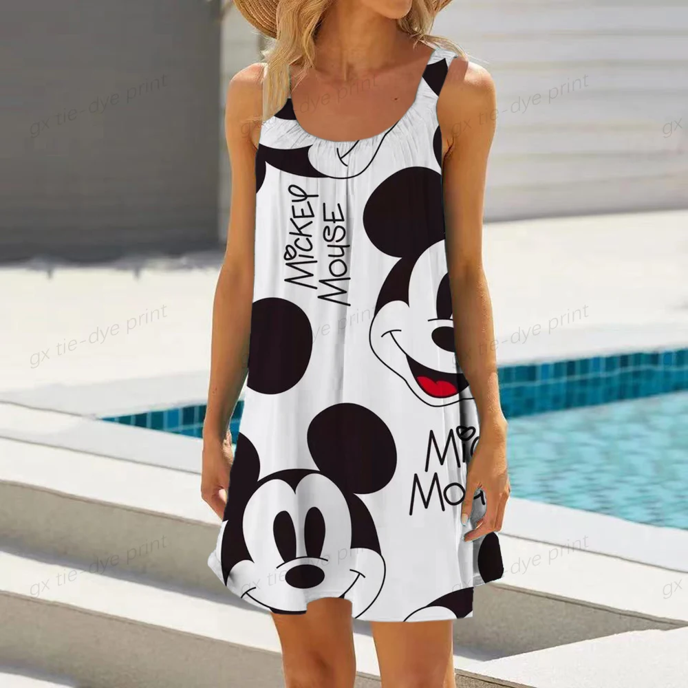 Vestido de noche con estampado 3D de Mickey Mouse para mujer, ropa de playa Vintage hawaiana, vestido de noche a la moda con tirantes, Sexy, sin mangas