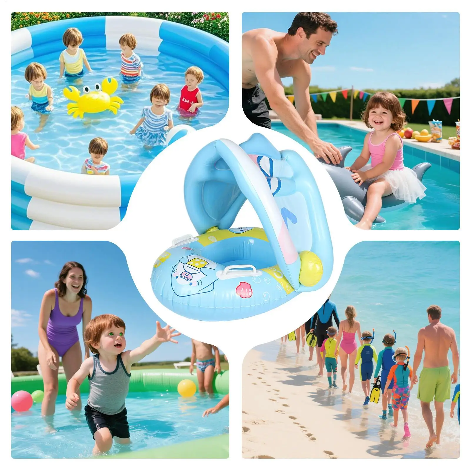 ใหม่เด็ก Pool Float ป้องกันแสงแดดเด็กแหวนน้ําปลอดภัยสบายเทรนเนอร์ว่ายน้ําสําหรับทารกและเด็กวัยหัดเดิน UV Protection Canopy