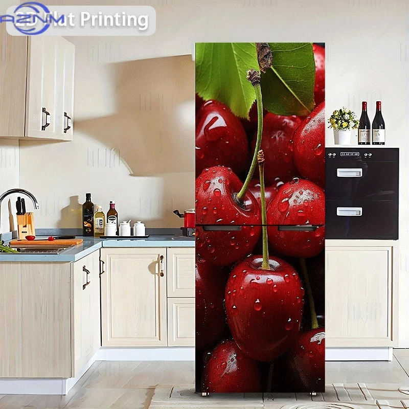1pc of 2D Flat Design Refrigerator Sticker Measuring , Featuring Bright Red Cherries Adorned with Sparkling Water Droplets. Th