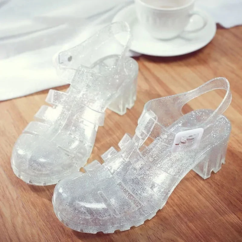 

2025 Summer Women Casual Jelly Shoes Heel Women Square High Heels Transparent Platform Sandal Lady Bling Silver Sandals