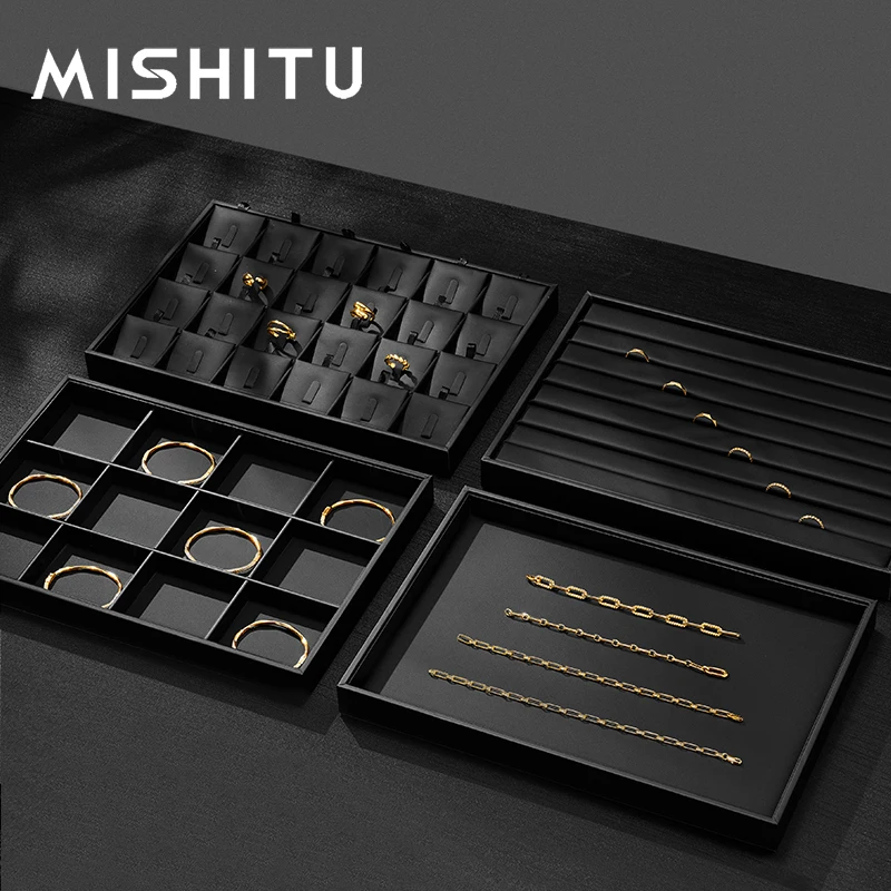 MISHITU Black Leather Jewelry Tray Jewelry Organizer Premium Ring Earring Display Necklace Bracelet Jewelry Display Storage Tray