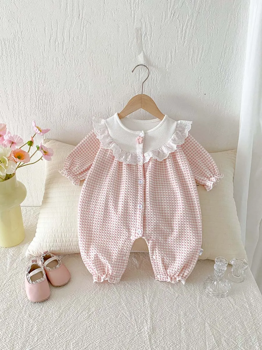 

Korean-style summer baby girl sweet cute plaid long sleeve jumpsuit, baby girl long sleeve jumpsuit, perfect for going out
