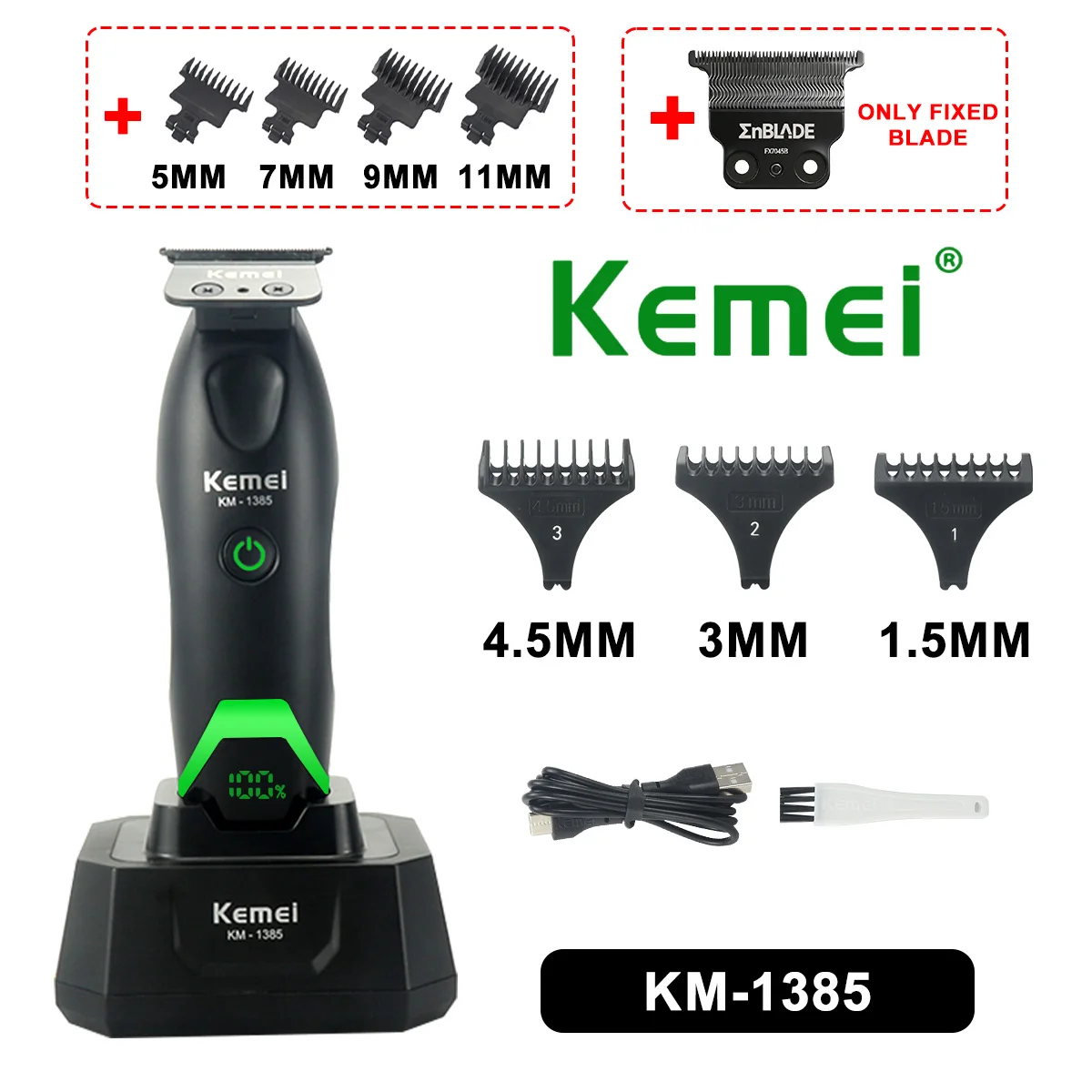 Kemei KM-1385 Trimmer for Men T-Blade 7500RPM 5W DC Motor with Dock LED Display Professional Hair Clipper Finishing Machine
