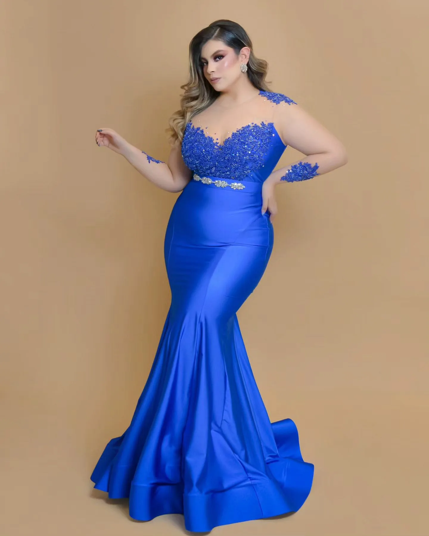 2024 Royal Blue Mermaid  Prom Dresses Lace Beaded Evening Formal Party Second Reception Birthday Engagement Gowns Dress ZJ33