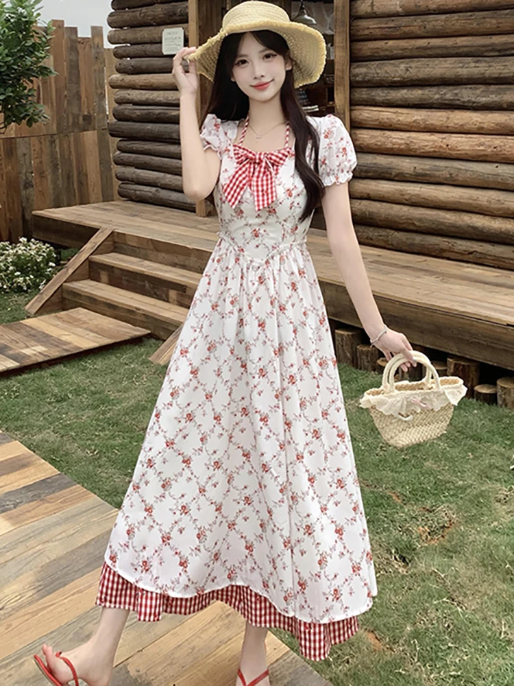 2026 White Floral Patchwork Red Plaid Ruffled Long Dress Summer Puff Sleeve Bow Collar Casual Dress Women Korean Elegant Dresses