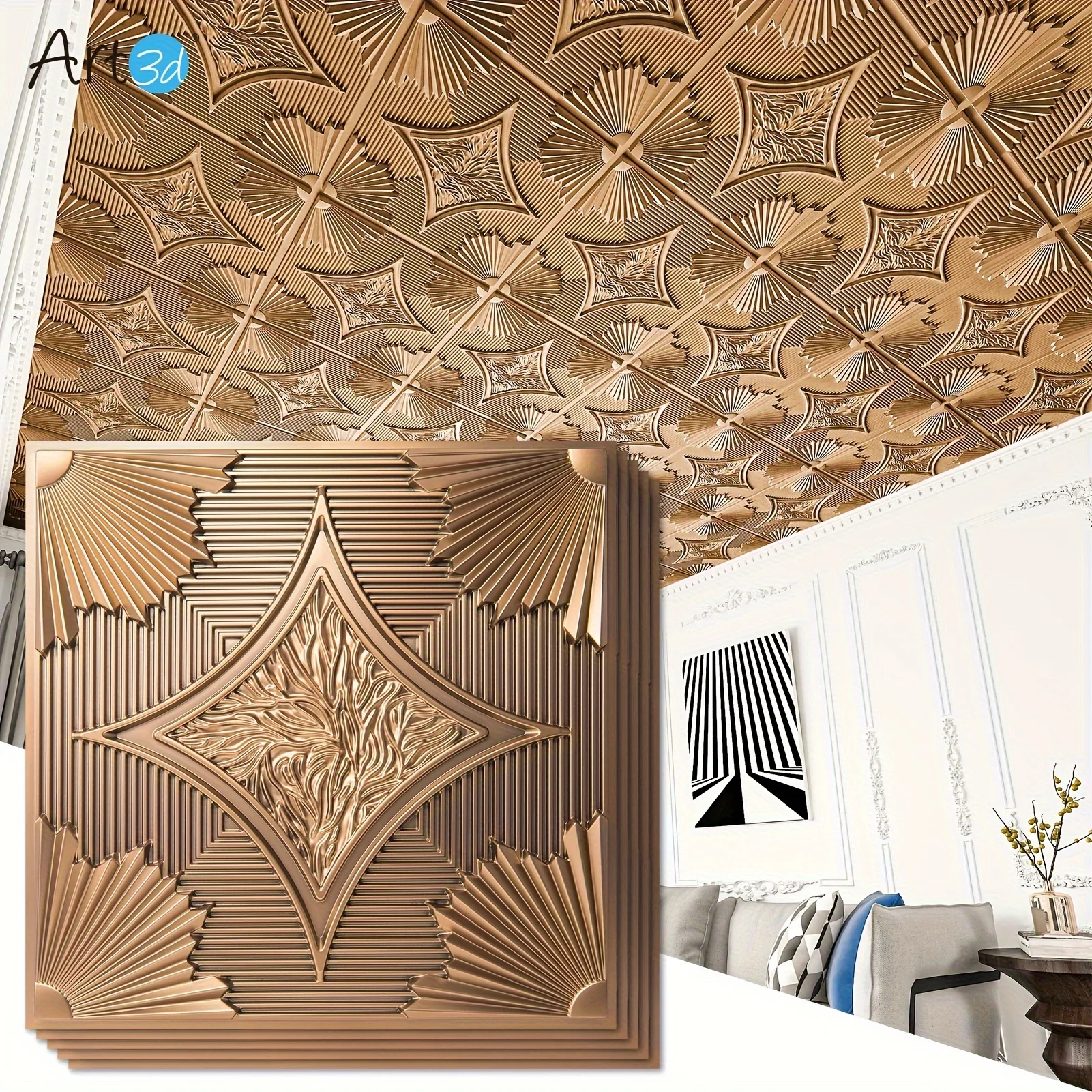 

12-Piece 24x24inch Art3d Drop Ceiling Tiles 3D Wainscoting Panels Glue Up Plactic Sheet In Bronze, Cover 48 Sq.ft.