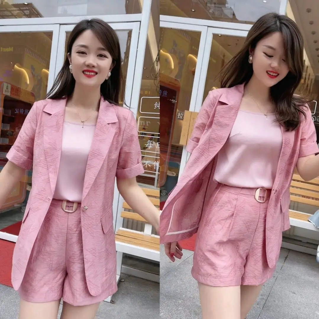 Spring and Summer Fashion Suit 2023 New Korean Version Slim Suit Top Casual High Waist Wide Leg Shorts Two-piece Set