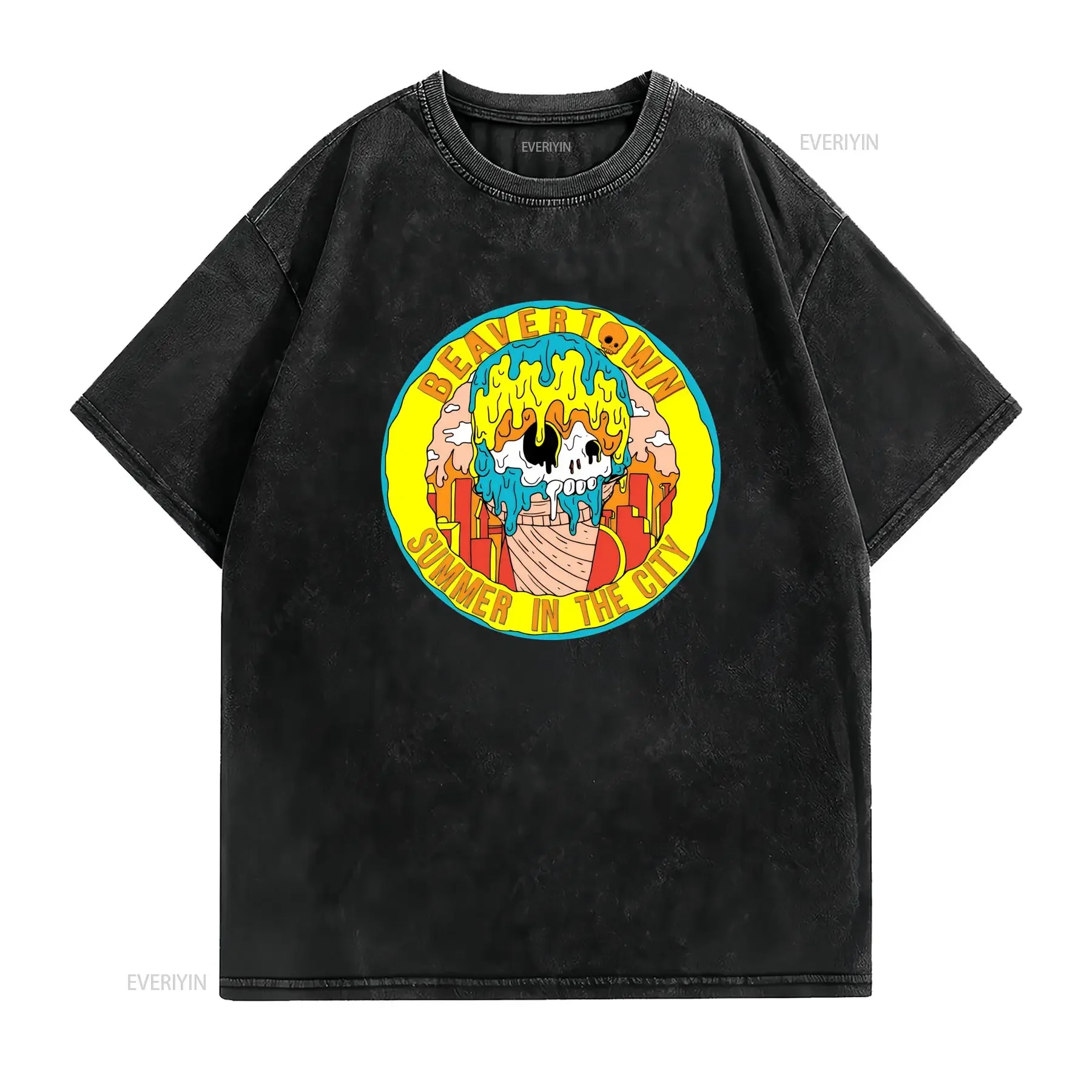 Streetwear Cartoon Melting Skull Beavertown Summer In The City Print Casual T Shirt vintage Washed fashion Soft Stylish