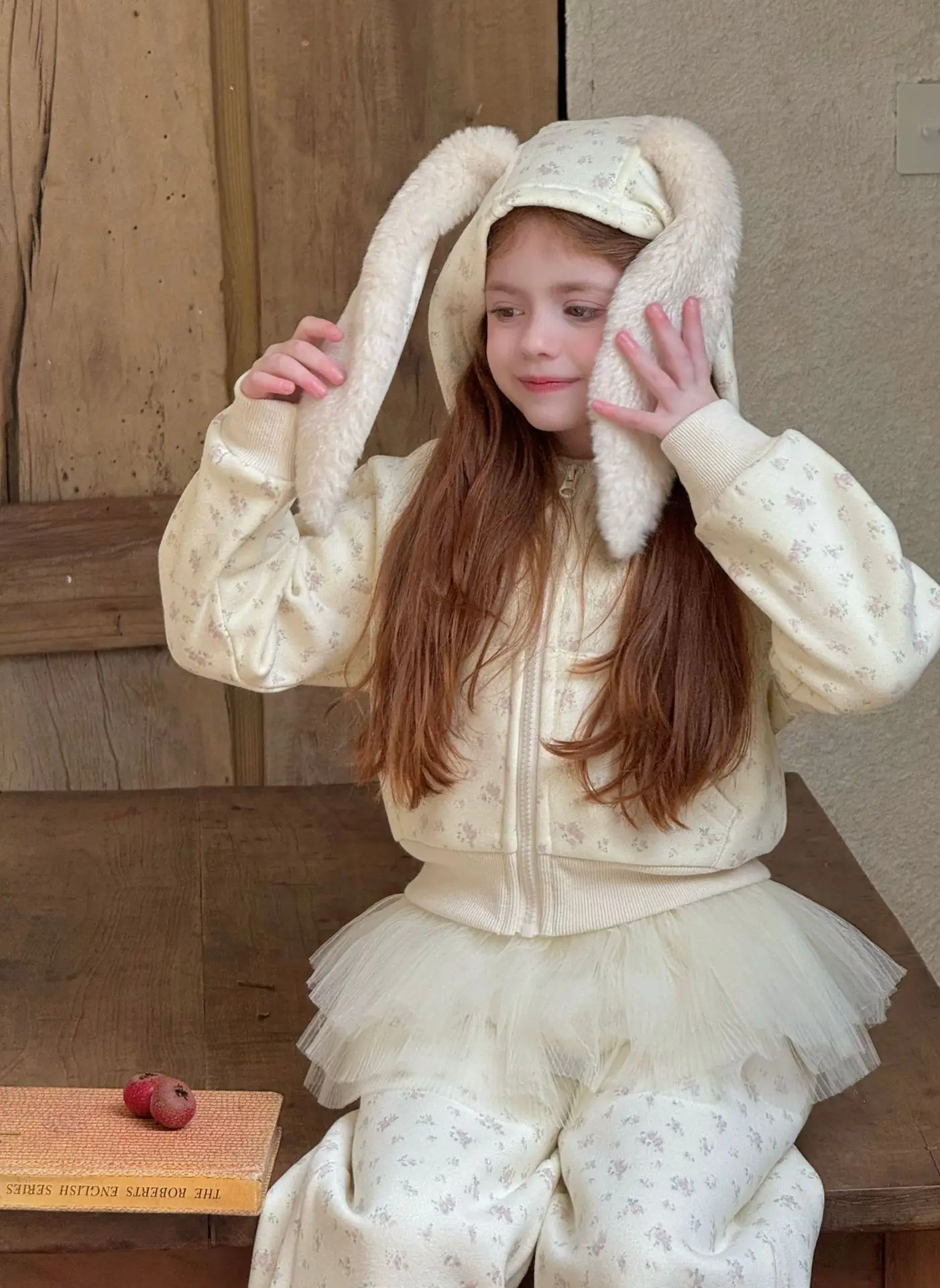 2025 شتاء جديد الكورية للأطفال الأزهار زائد المخملية سميكة 3 قطع مجموعة للفتيات أرنب مشعر الترفيه مجموعة #6