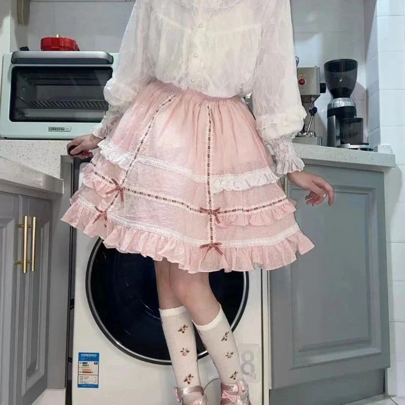 

Kawaii Bow Japanese Sweet Lolita Mini Skirt Lace Ruffles Short Ball Gown Cake Skirts Women Harajuku Girls Party Retro Cute Skirt