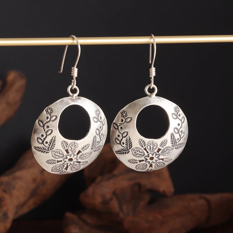 Silver-Plated Hand-Carved Pattern Circle Dangle Earrings for Women Retro Exaggerated Hypoallergenic Earrings Fashion Jewelry