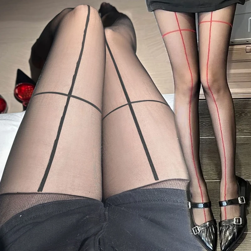 Sexy Cross Line Ultra-thin Tights Body Stockings Pantyhose for Women Spicy Girls Red Black Line Pantyhose Transparent Leggings