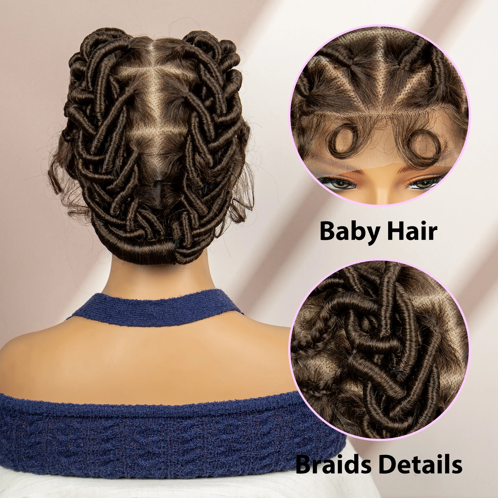 Perucas castanho curto briaded com cabelo de bebê para mulheres, Criss Cross, sintético, laço cheio