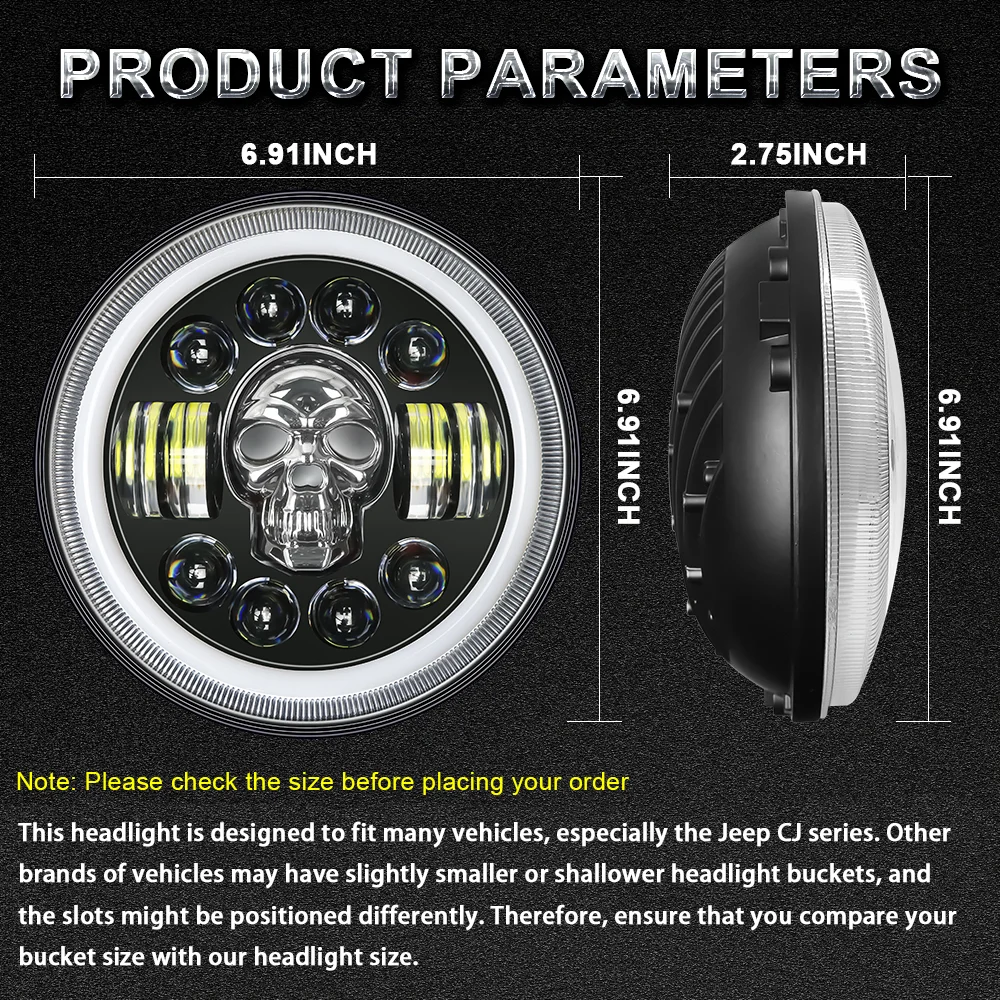 Farol redondo LED para motocicleta, 7 em farol redondo LED, Yamaha Harley Road King, Jeep Wrangler JK, Halo Angel Eyes