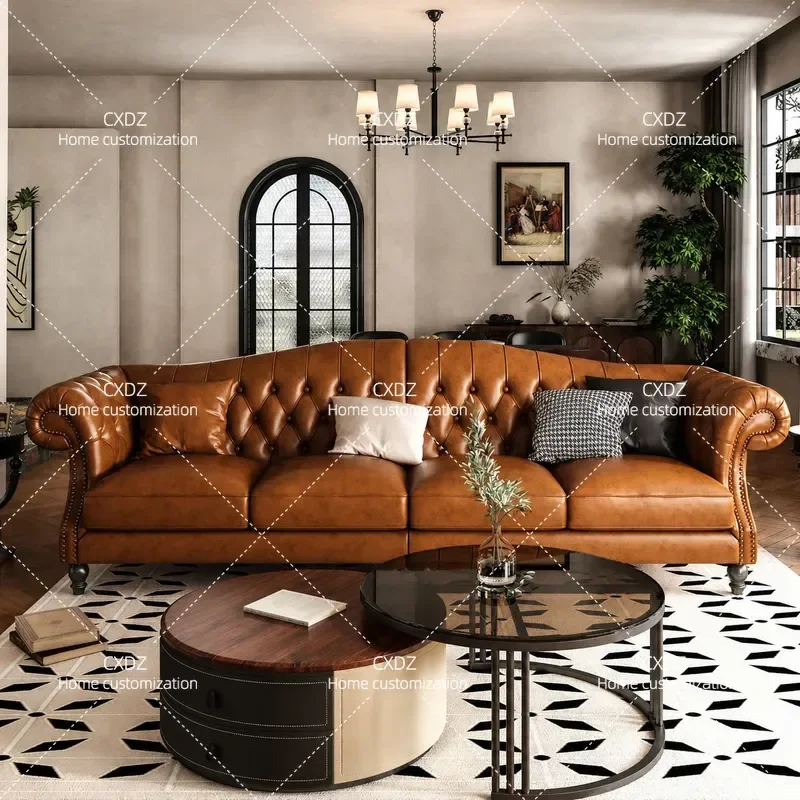 American Retro Leather Sofa with Buckle Design 3 Seater Light Luxury Solid Wood Frame for Living Room Hotel Furniture