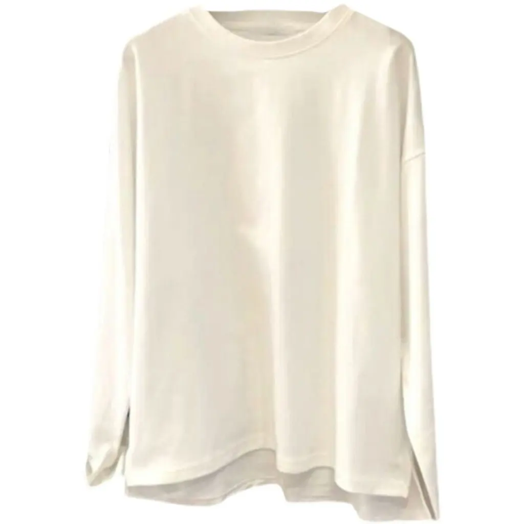 

Women's Large Size Cotton T-Shirt round Neck Long Sleeve White Loose Fit Asymmetrical Design Autumn Inner Layering Shirt