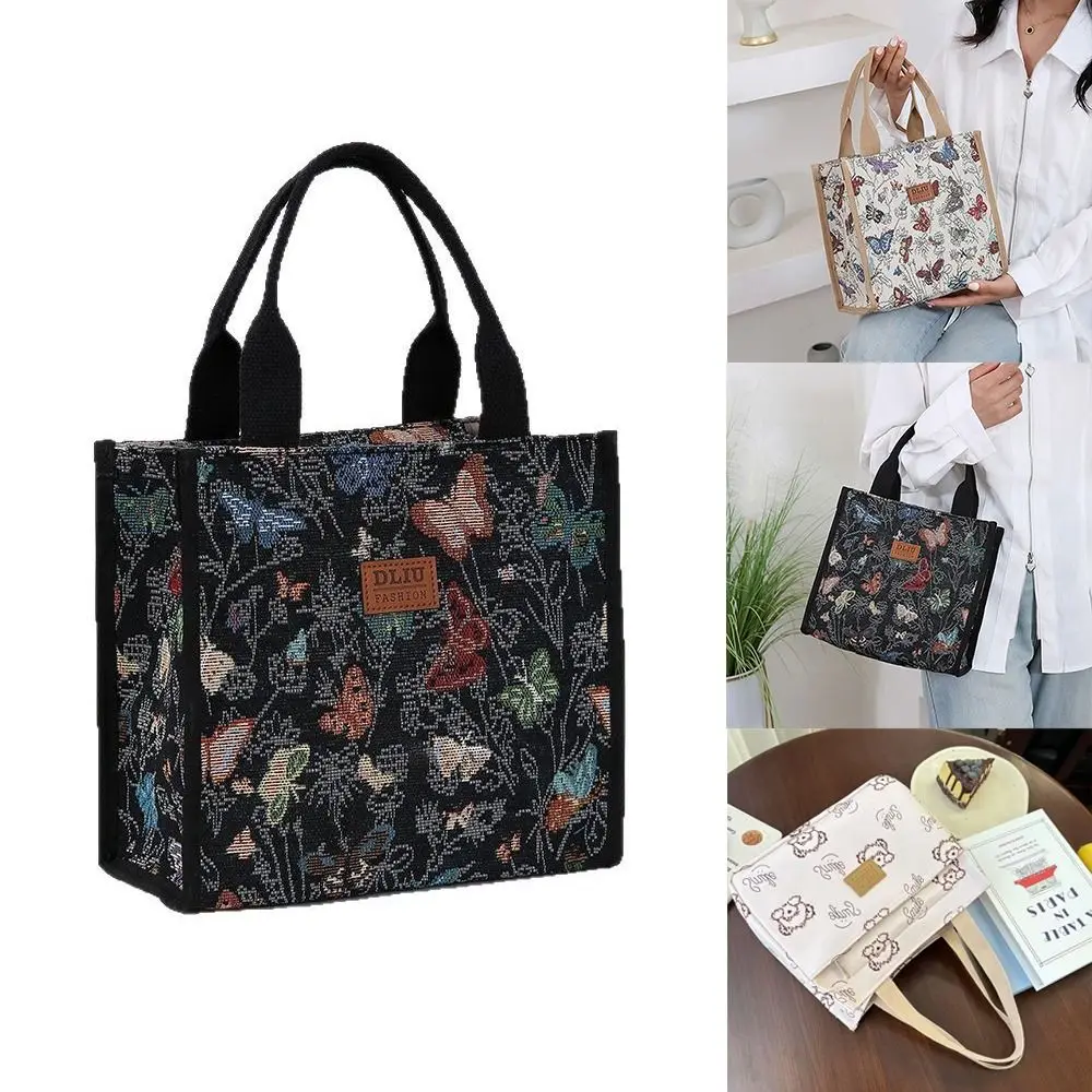 Fashion Canvas Lunch Bag Butterfly Print Waterproof Thermal Insulation Bag Large Capacity Tote Bag for Women