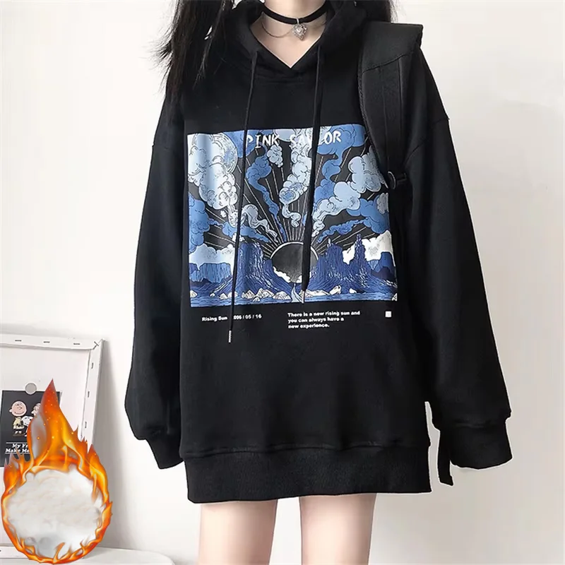 

autumn winter fleece hooded Sweatshirt harajuku graphic printing y2k hoodies women clothes thicken Long Sleeve oversized hoodie