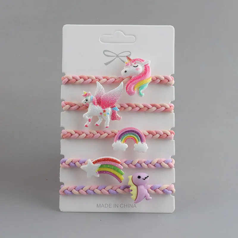 【 5 PCS/Card 】Unicorn Rainbow Hair Loop Headband Set Cartoon Hair Accessories Children\'s Rubber Band Headband Bracelet Dual Use