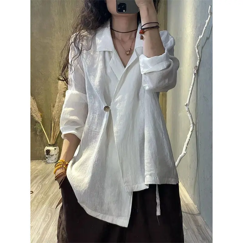 ใหม่แฟชั่นบริสุทธิ์ลดอายุเสื้อสูทผู้หญิง Retro วรรณกรรมอารมณ์สบายๆปุ่มเสื้ออินเทรนด์