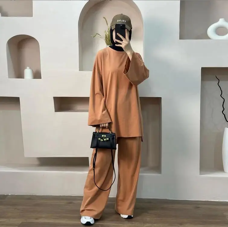 المرأة المسلمة كم طويل بلوزات وسراويل متواضعة دبي تركيا وتتسابق البلوز فام 2 قطعة عباية مجموعات ملابس كاجوال إسلامية