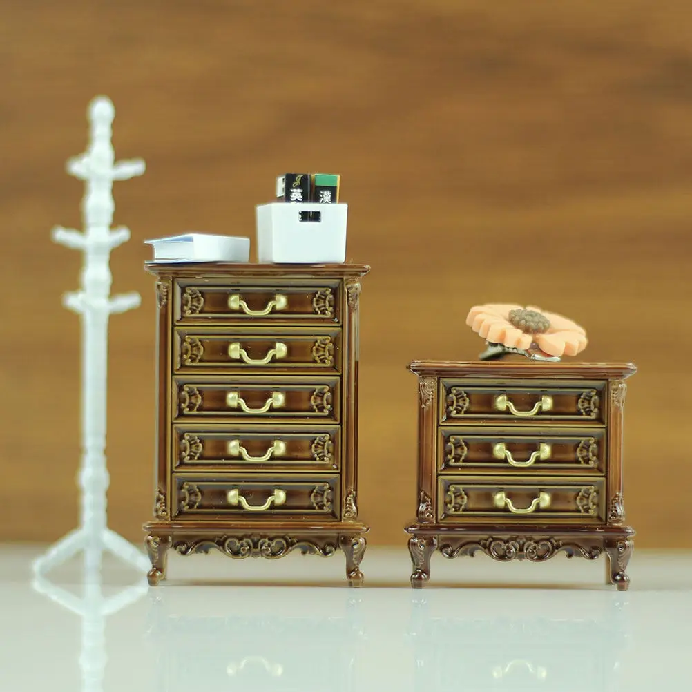 2Pcs Mini Cabinet Retro Style Plastic 1 16 Scale Miniature Bedroom Furniture Tiny House Bedside Table Accessories