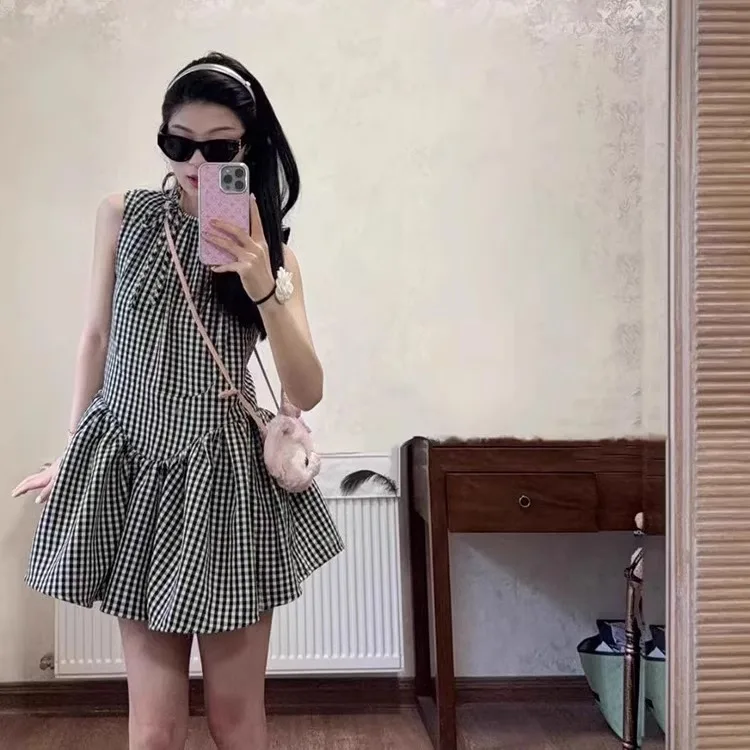 Floral Plaid Puffy Sleeveless Short Doll Dress Younger Looking Dress Safety Pants Included Citywalk Summer Thin round Neck