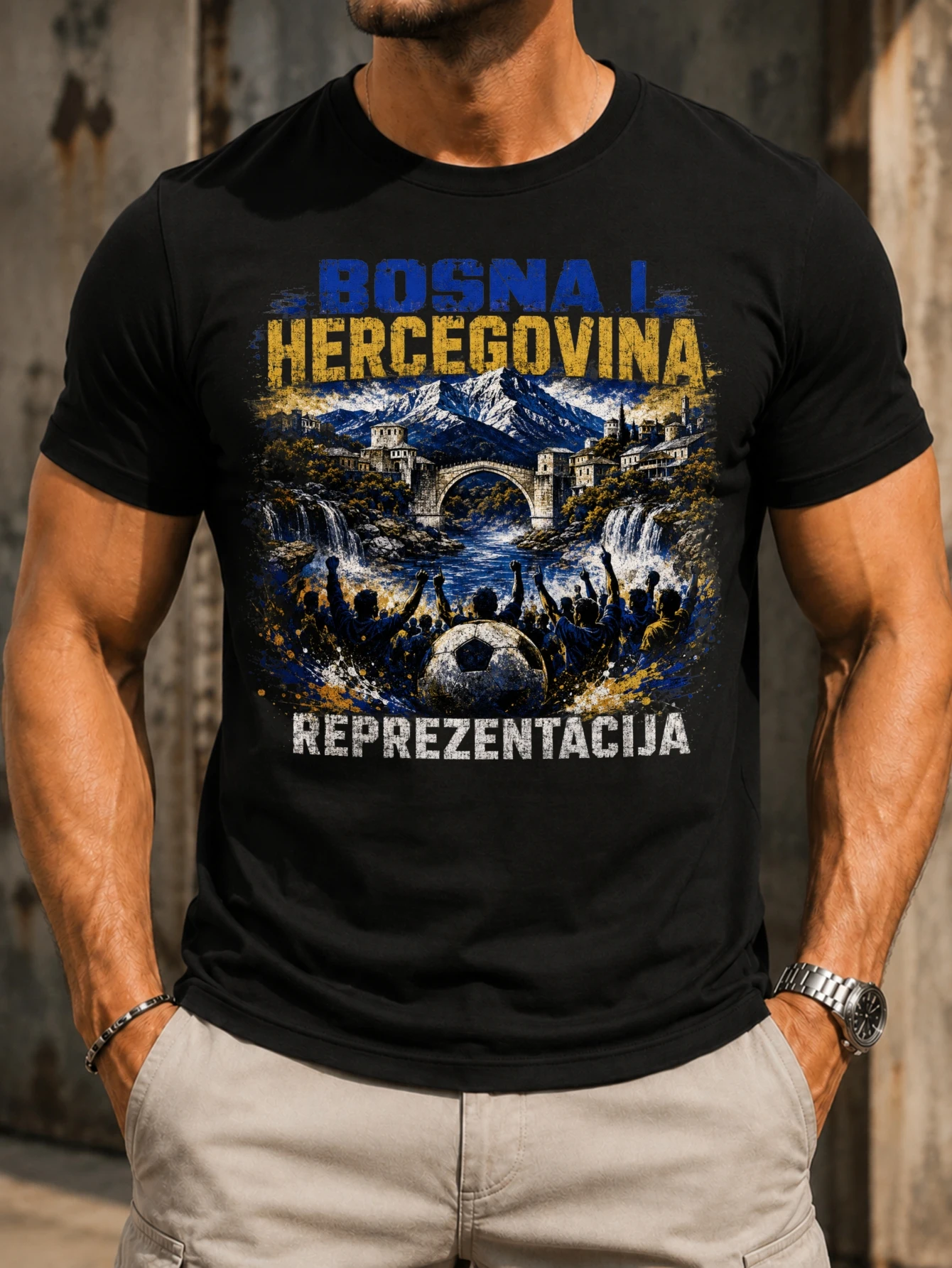 Bosna I Hercegovina old bridge waterfall cheering crowd and foreground soccer ball distressed team  Unisex All T-Shirt