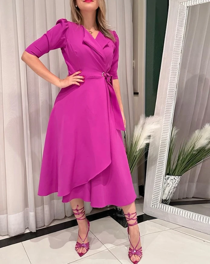 Women's High Waist Casual Dresses Temperament Commuting New Fashion V-Neck Puff Sleeve Ruffles Drawstring Elegant Mid-Calf Dress