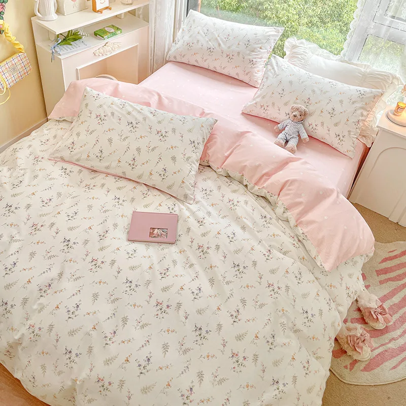 Ins Pink Floral Bedding Set For Girls Woman Duvet Cover Flat Sheet and Pillowcase Soft Thin polyester Bed Linen Home Textile