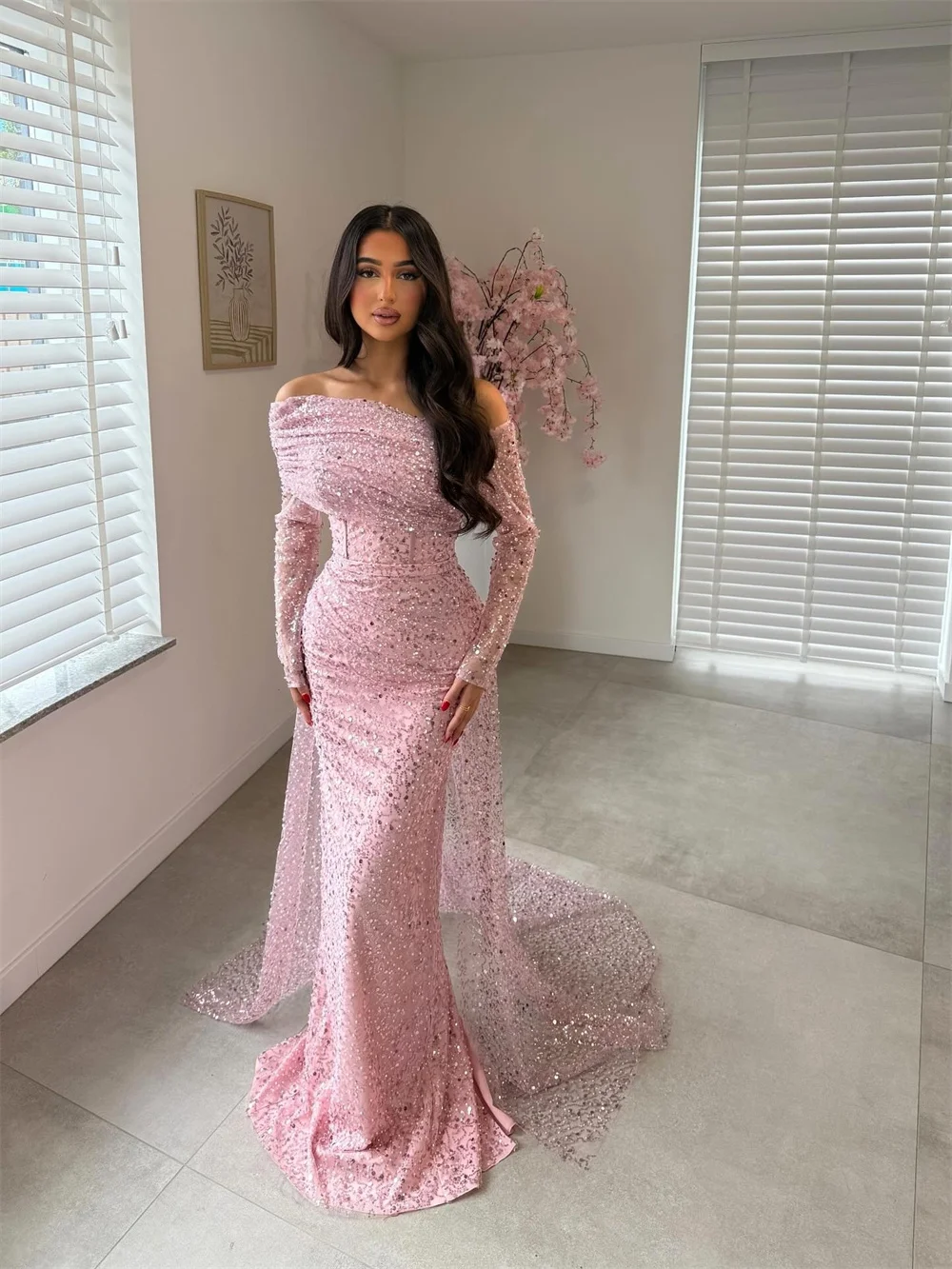 Cathy Customized Pink Off Shoulder Beaded Prom Dresses Mermaid Sheer Sleeves vestidos de noiva Corset Sweep Train Formal Evening image 2