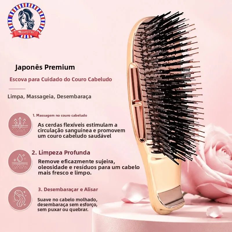 Escova de Shampoo Premium Japonesa em Ouro Rosa, Massageador de Couro Cabeludo, Escova de Limpeza para Cabelos Molhados e Desembaraçante para Cuidados com os Cabelos