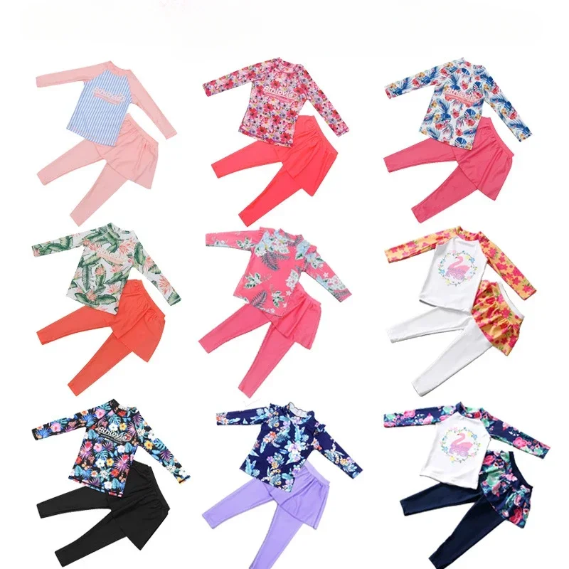 2pc Printing Long Sleeved Girls Swimwear Sun Protection Swimming Suit Long Pants Skirt Style Quick Drying Bathing Suit 3-11Y