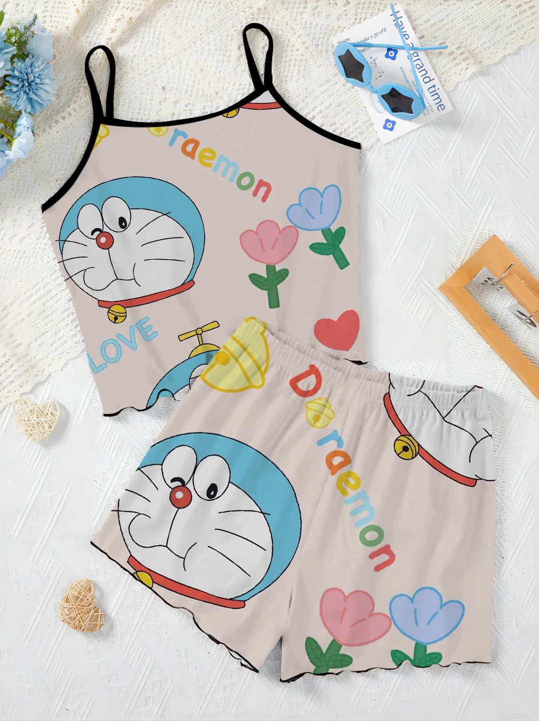 Home Dress Lettuce Trim Elegant Women's Sets for Women 2 Pieces Pajama Skirt Top Doraemon Satin Surface T-shirt Short Suit Top