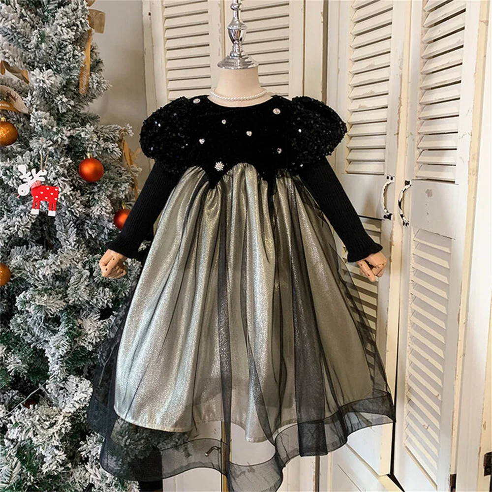 92677 Autumn Winter Velvet Yarn Skirt Mesh Skirt Petal Sleeves Girls' Dress French Princess Skirt Fluffy Princess Dress