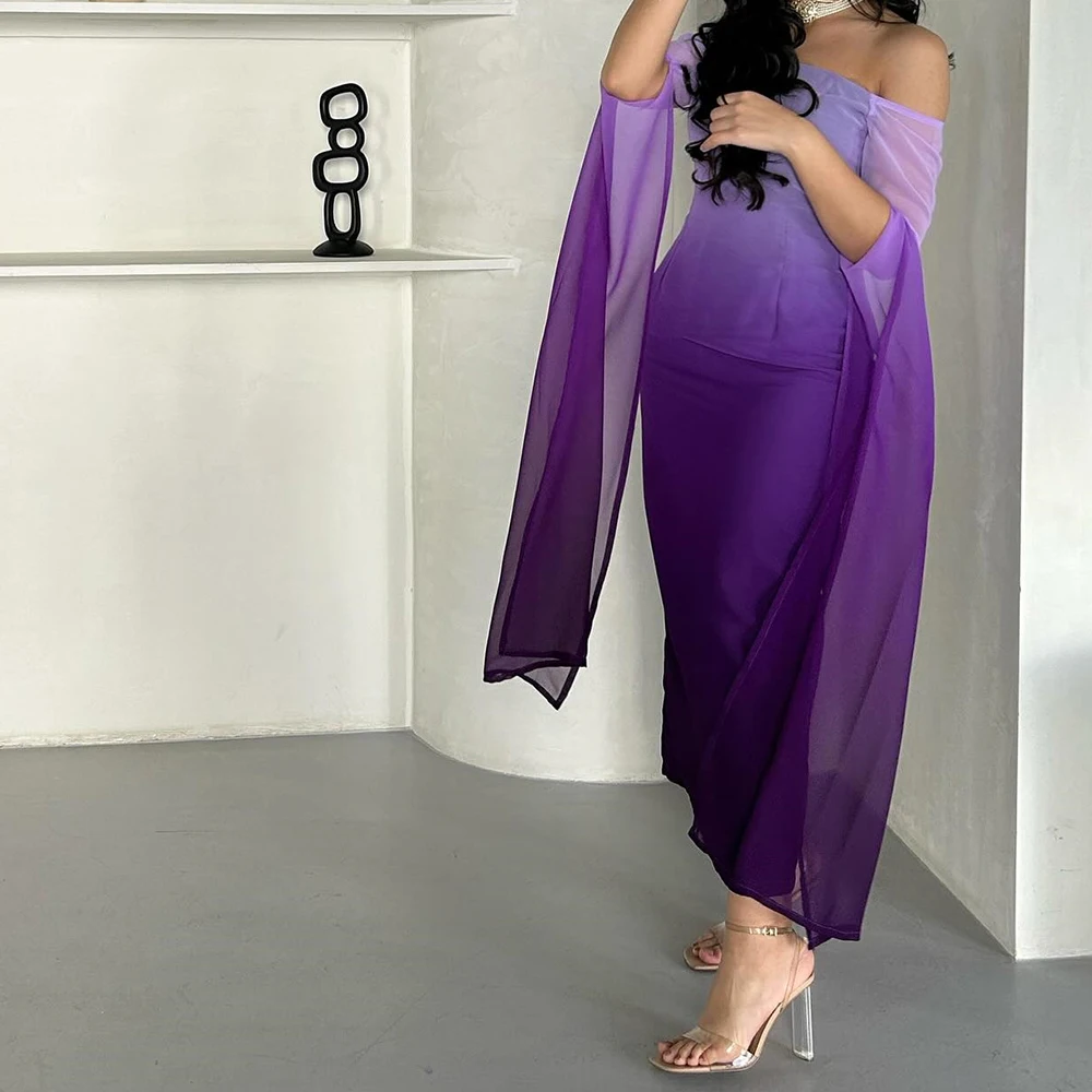 Exquisite Jersey Straight Off the Shoulder Evening Dress Strapless Half Sleeves Ankle Length Photo Color Vestidos de fiesta