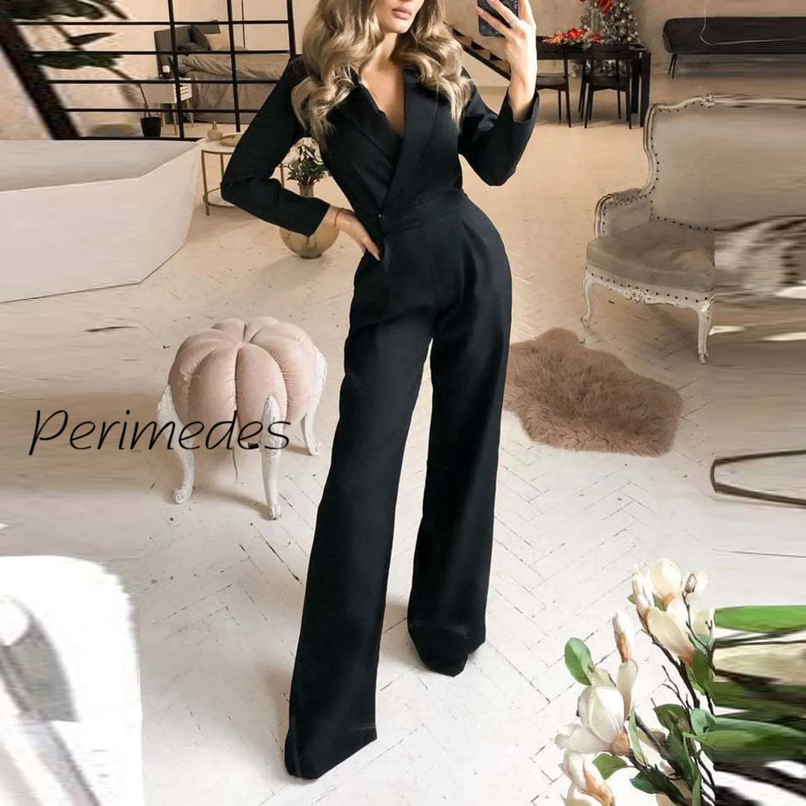 Women's Solid Long Sleeve Lapel 2024 Jumpsuit Side Zip Pockets Autumn Jumpsuit Elegant Solid Color Trousers Fashion maxie dress