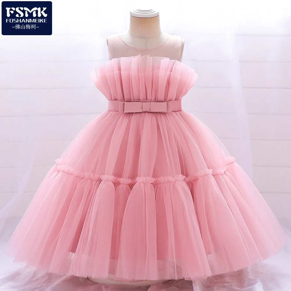 

2025 Baby Girls Dress Bow Mesh Puffy Skirt Children'S Birthday Party Prom Princess Dresses Sleeveless Kids Girl Wedding Costume