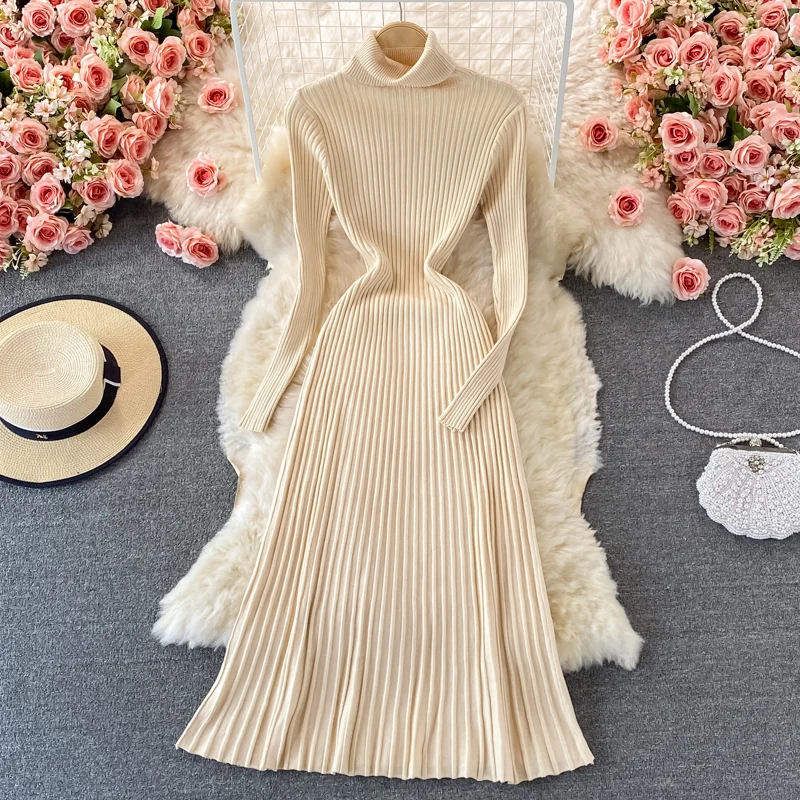 Women Chic Turtleneck Long Sleeve Sexy A-line Sweater Dress Vintage Korean Fashion Knit Vestido Elegant Autumn Winter Knitwear